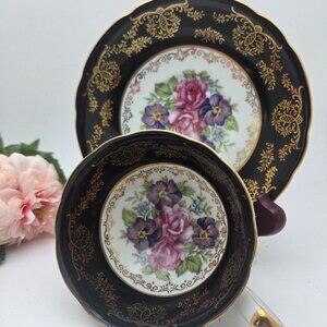 Vintage Shafford Fine Bone China Cup & Saucer Black White Gold Pink Purple Flow
